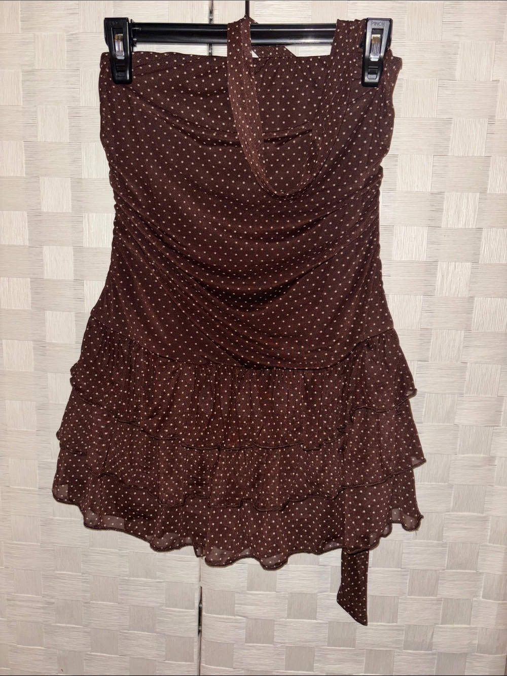 Windsor Polka Dot Brown strapless Romper with built in scarf.